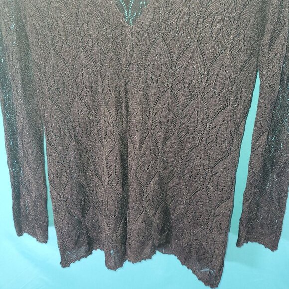 Magaschoni Black Lattice Knit V-Neck Long-Sleeve Sweater Top Womens Size M - Picture 3 of 11